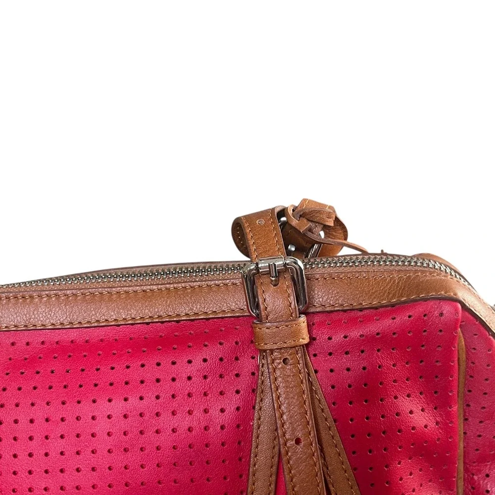 Sundance Red Perforated Leather Satchel Handbag Purse Shoulder Strap Lock Italy‎